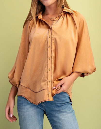 CAMEL SATIN CONTRAST STITCH BALLOON SLEEVE BUTTON DOWN BLOUSE