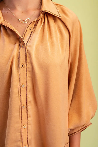 CAMEL SATIN CONTRAST STITCH BALLOON SLEEVE BUTTON DOWN BLOUSE