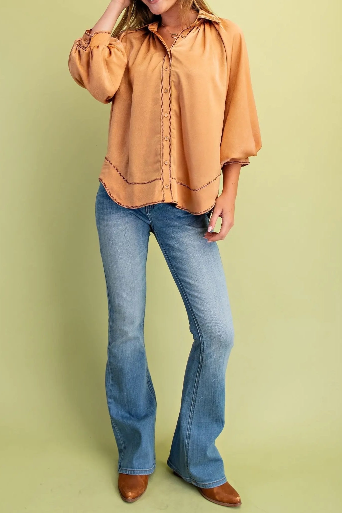 CAMEL SATIN CONTRAST STITCH BALLOON SLEEVE BUTTON DOWN BLOUSE