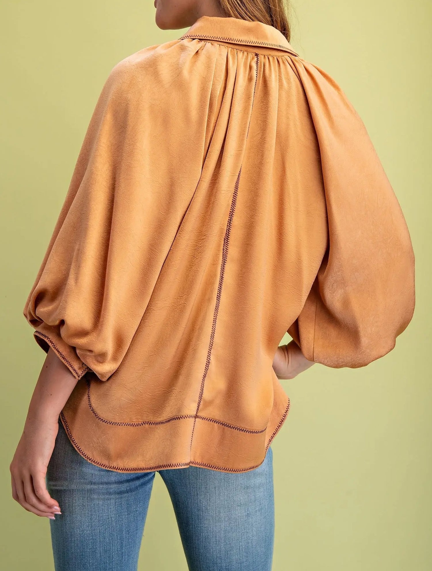 CAMEL SATIN CONTRAST STITCH BALLOON SLEEVE BUTTON DOWN BLOUSE