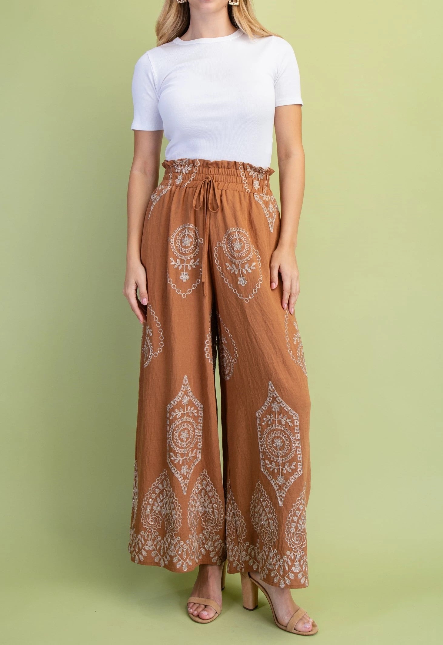 CARAMEL/GOLD METALLIC EMBROIDERY DETAIL WIDE LEG PANTS