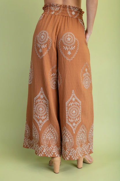 CARAMEL/GOLD METALLIC EMBROIDERY DETAIL WIDE LEG PANTS