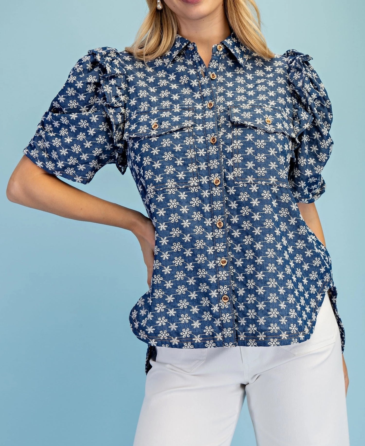 BLUE DENIM FLORAL EMBROIDERED RUFFLED GATHERED SLEEVE BUTTON UP TOP