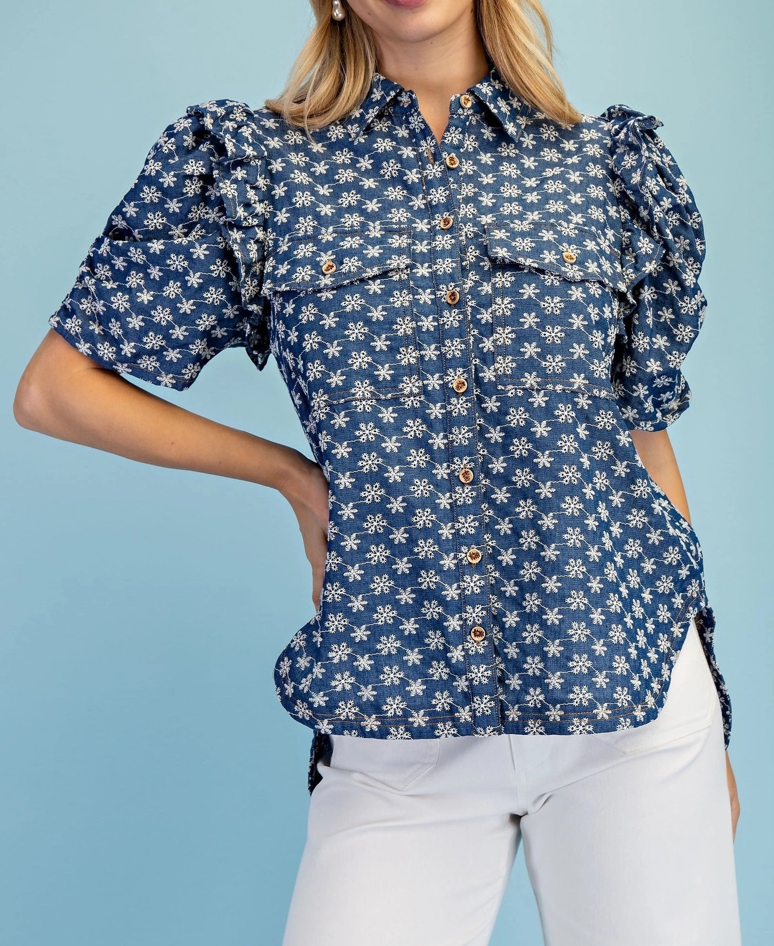 BLUE DENIM FLORAL EMBROIDERED RUFFLED GATHERED SLEEVE BUTTON UP TOP