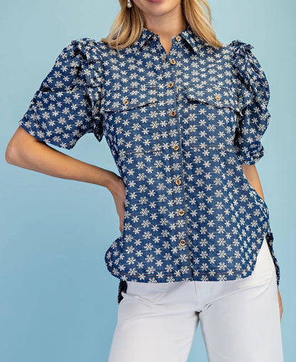 BLUE DENIM FLORAL EMBROIDERED RUFFLED GATHERED SLEEVE BUTTON UP TOP