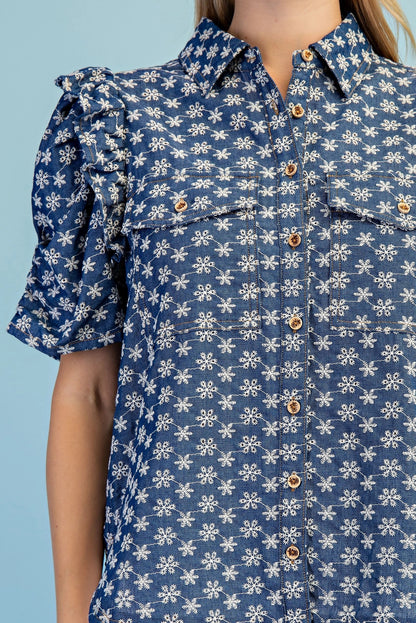 BLUE DENIM FLORAL EMBROIDERED RUFFLED GATHERED SLEEVE BUTTON UP TOP