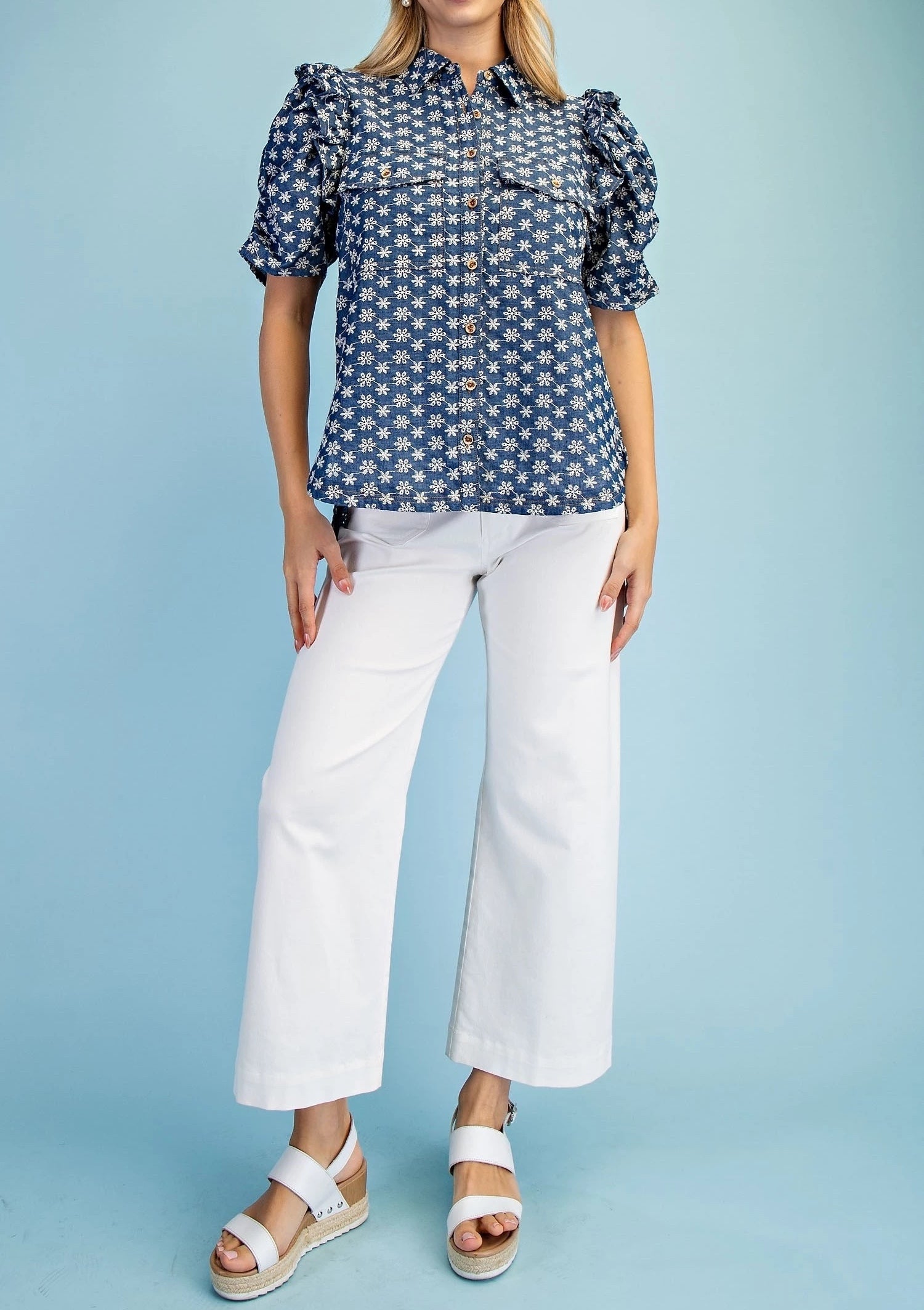 BLUE DENIM FLORAL EMBROIDERED RUFFLED GATHERED SLEEVE BUTTON UP TOP