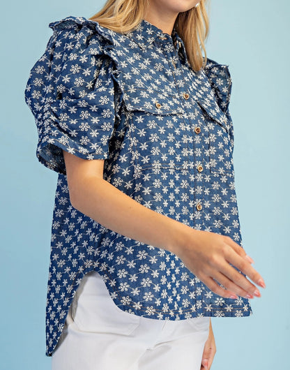 BLUE DENIM FLORAL EMBROIDERED RUFFLED GATHERED SLEEVE BUTTON UP TOP