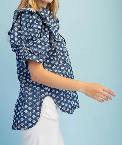 BLUE DENIM FLORAL EMBROIDERED RUFFLED GATHERED SLEEVE BUTTON UP TOP