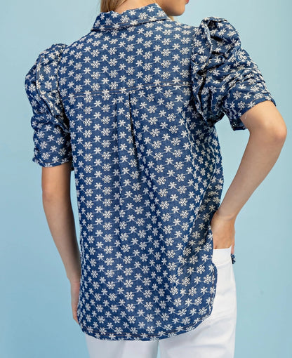 BLUE DENIM FLORAL EMBROIDERED RUFFLED GATHERED SLEEVE BUTTON UP TOP