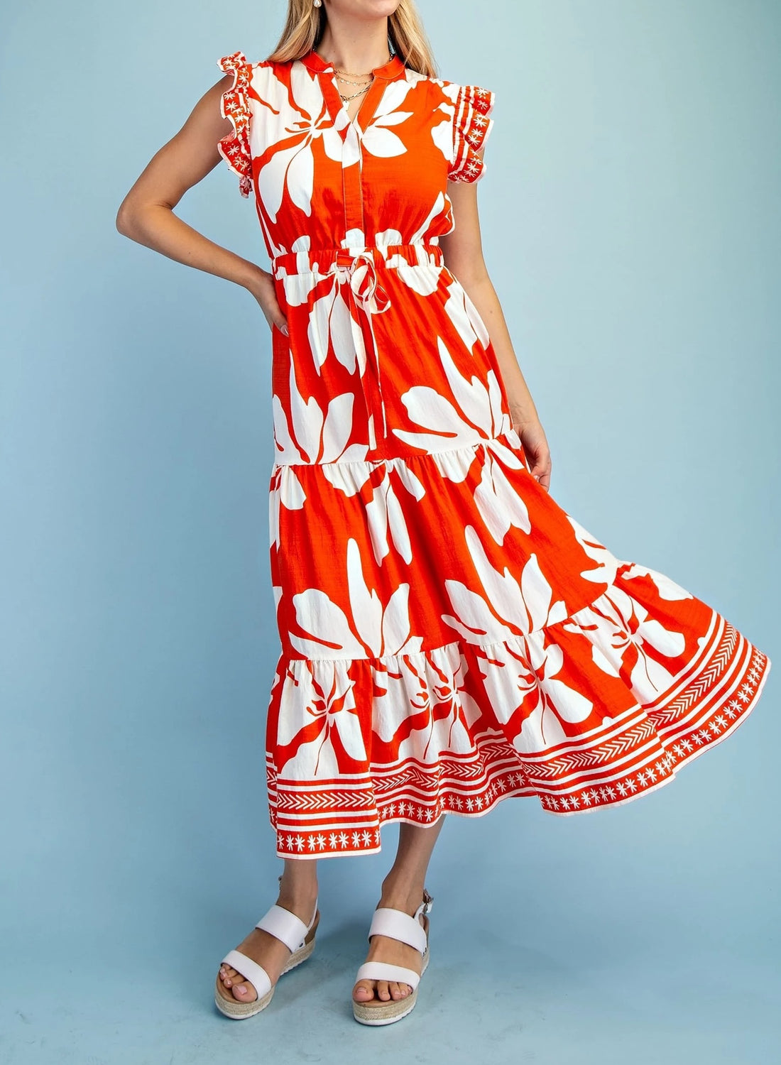 ORANGE FLORAL PRINT RUFFLE SLEEVE TIERED MIDI DRESS