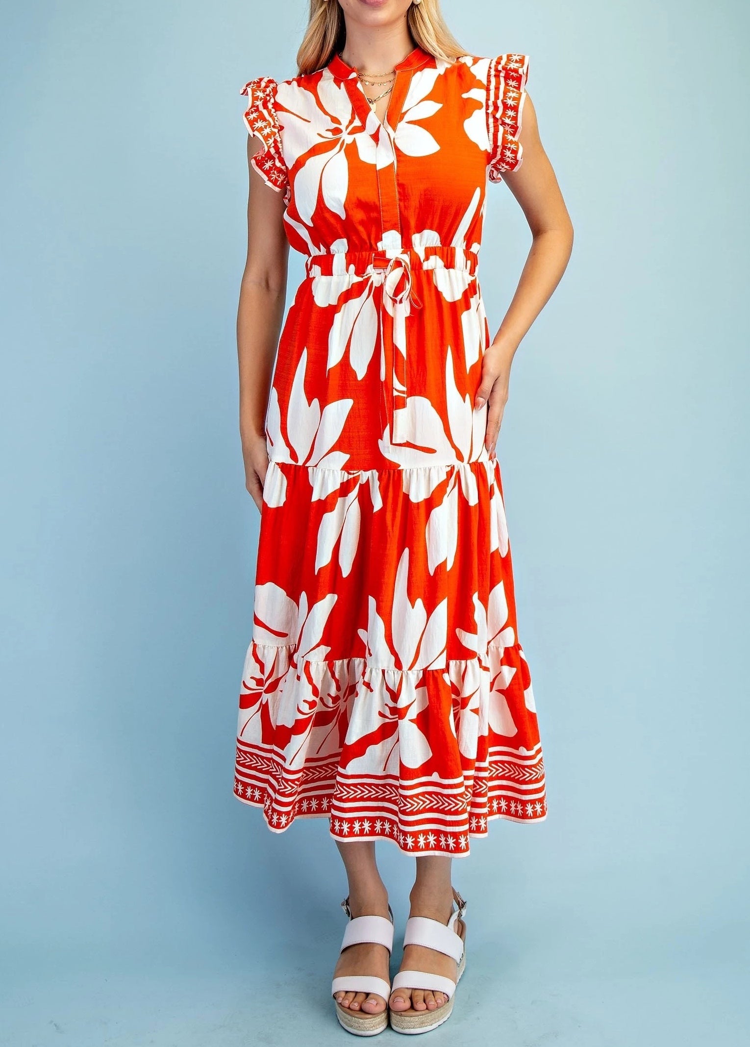 ORANGE FLORAL PRINT RUFFLE SLEEVE TIERED MIDI DRESS