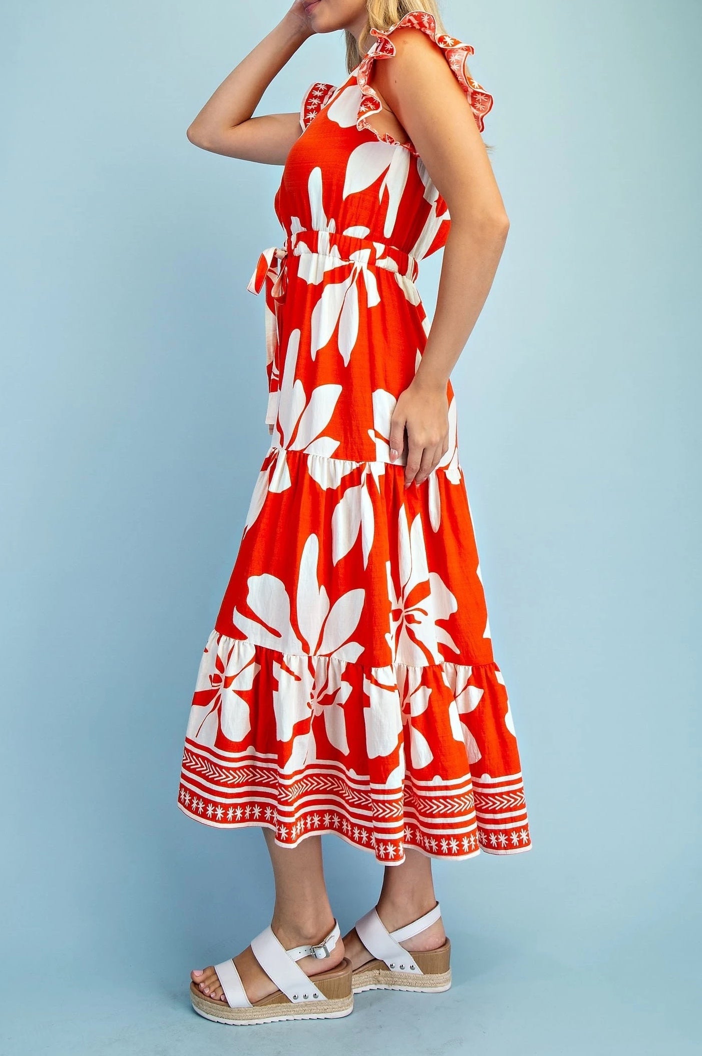 ORANGE FLORAL PRINT RUFFLE SLEEVE TIERED MIDI DRESS