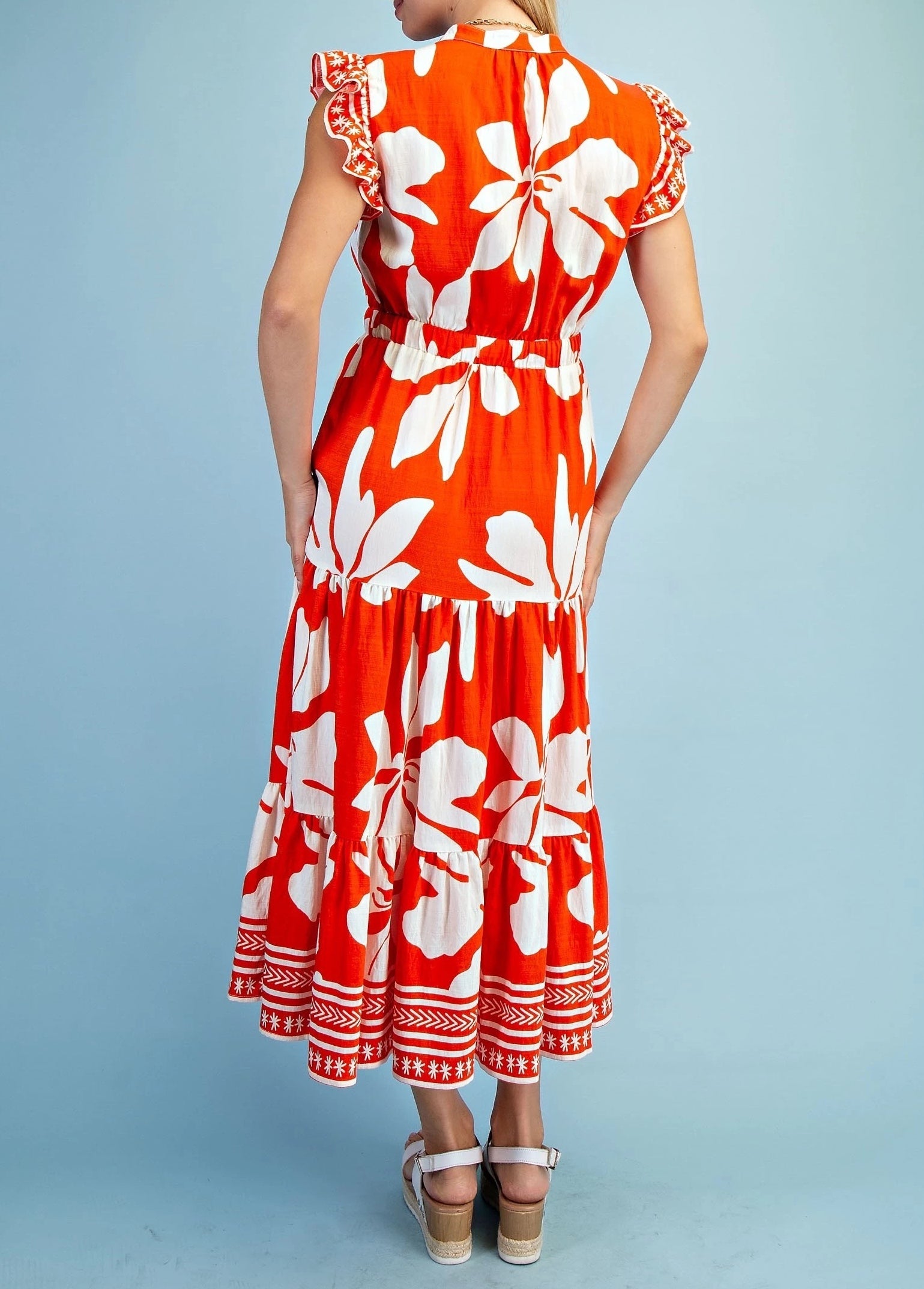 ORANGE FLORAL PRINT RUFFLE SLEEVE TIERED MIDI DRESS