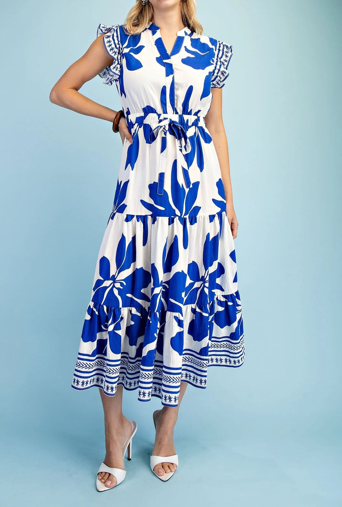 ROYAL BLUE FLORAL PRINT RUFFLE SLEEVE TIERED MINI DRESS