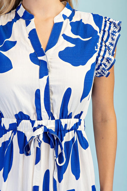 ROYAL BLUE FLORAL PRINT RUFFLE SLEEVE TIERED MINI DRESS