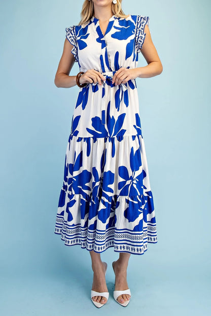 ROYAL BLUE FLORAL PRINT RUFFLE SLEEVE TIERED MINI DRESS