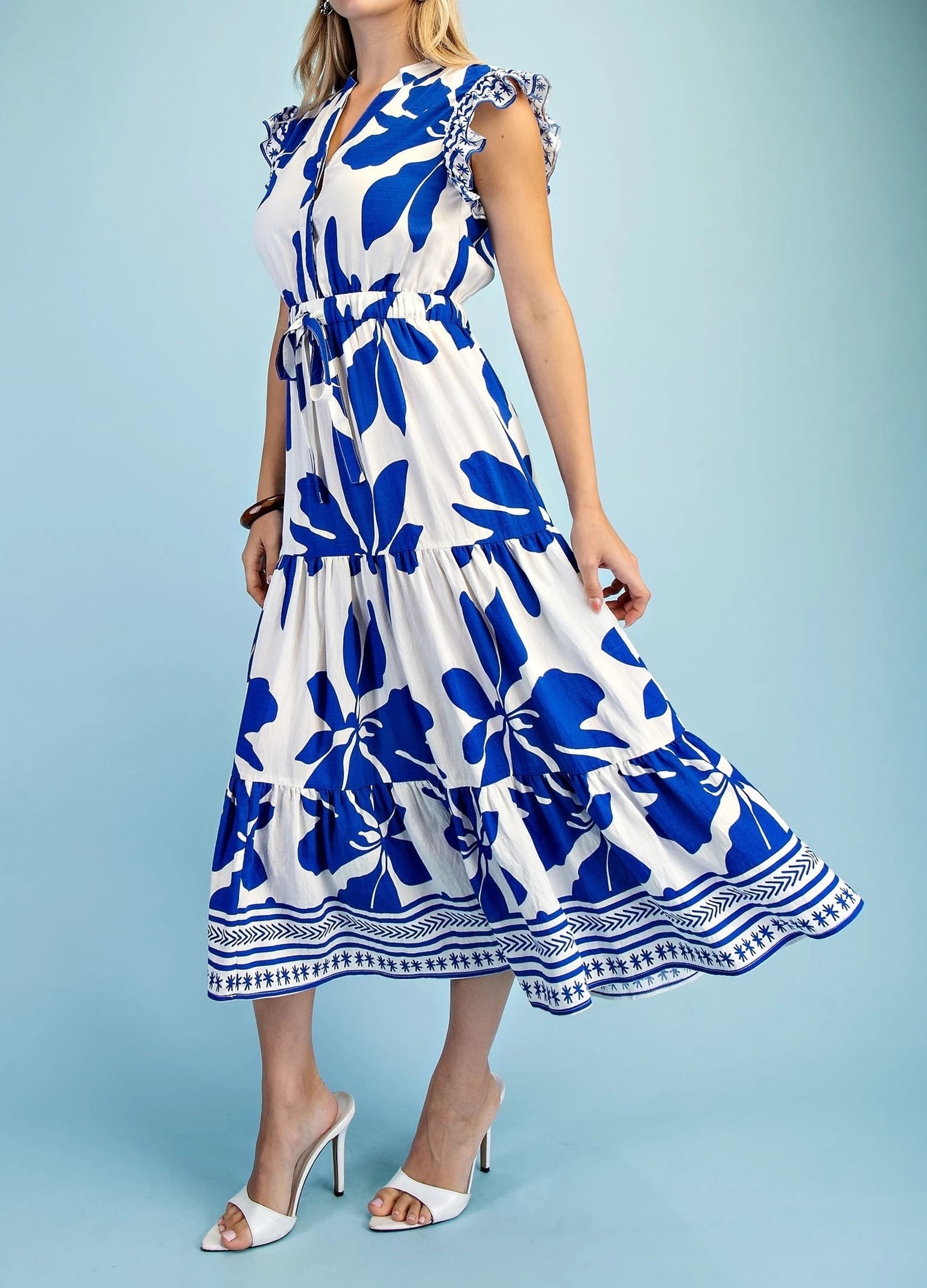 ROYAL BLUE FLORAL PRINT RUFFLE SLEEVE TIERED MINI DRESS