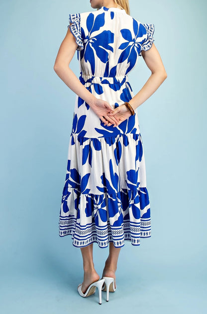 ROYAL BLUE FLORAL PRINT RUFFLE SLEEVE TIERED MINI DRESS
