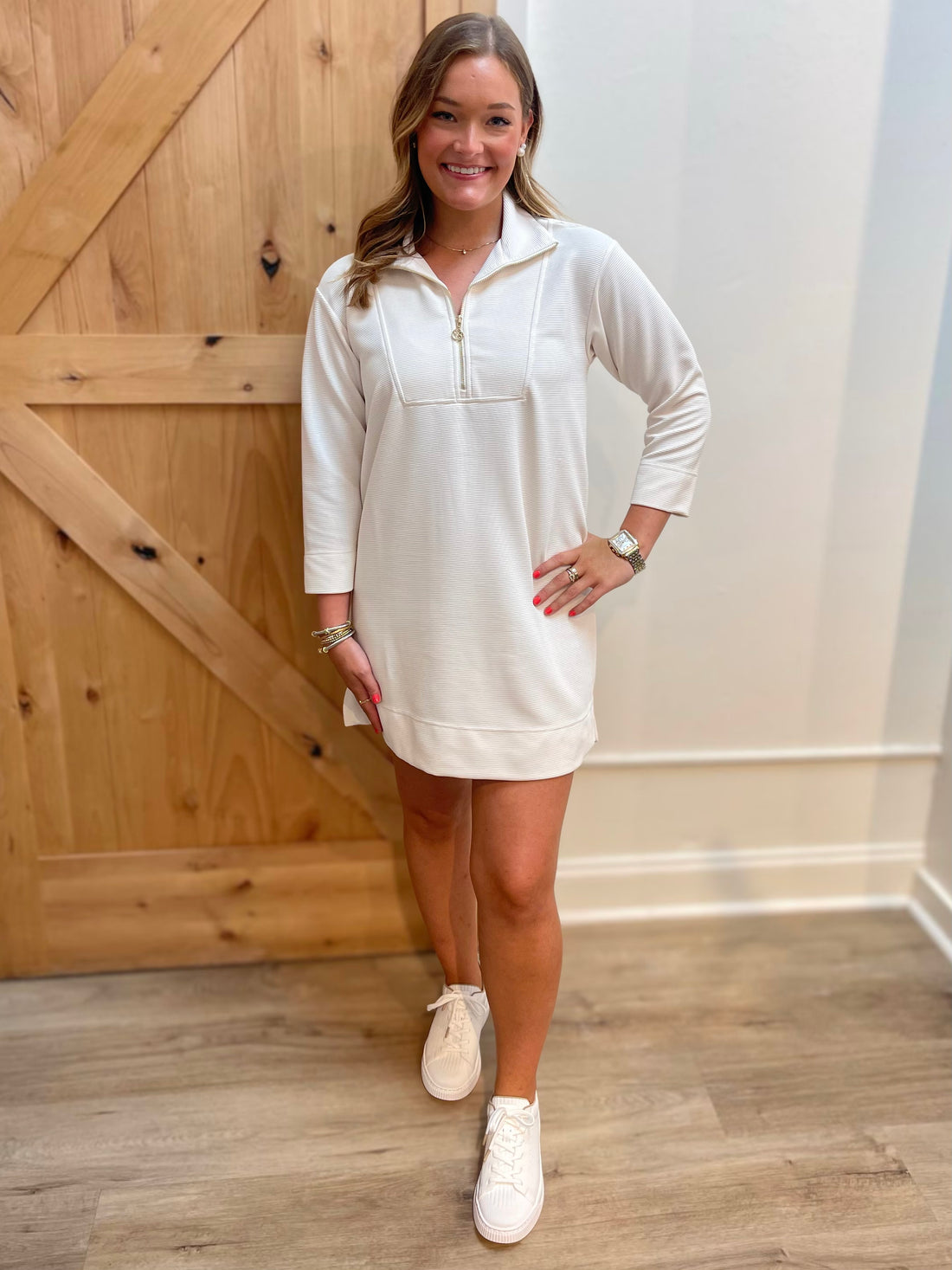 IVORY RIBBED QUARTER ZIP RAVEN MINI DRESS