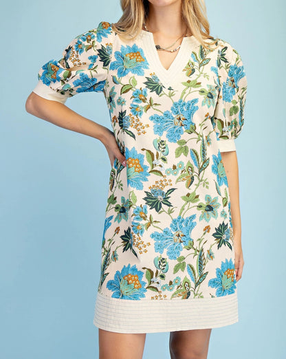 BLUE MIX FLORAL PRINT TRAPUNTO STITCH PUFF SLEEVE MINI DRESS