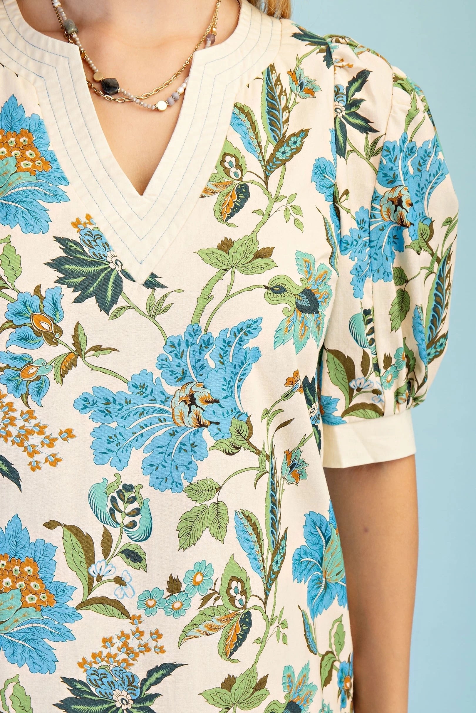 BLUE MIX FLORAL PRINT TRAPUNTO STITCH PUFF SLEEVE MINI DRESS