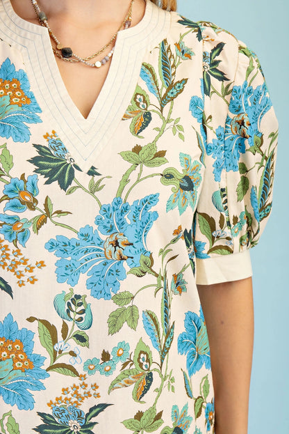 BLUE MIX FLORAL PRINT TRAPUNTO STITCH PUFF SLEEVE MINI DRESS