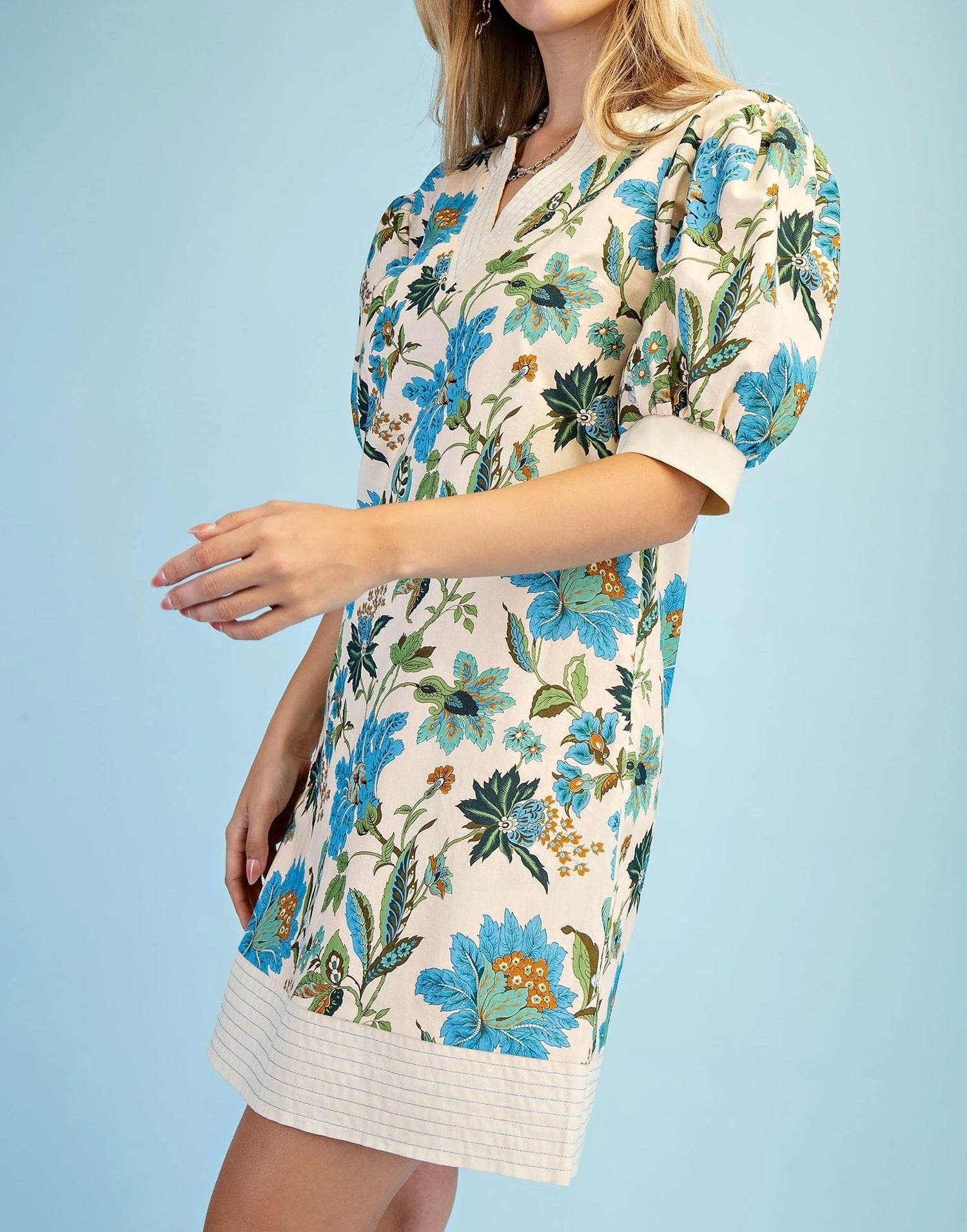 BLUE MIX FLORAL PRINT TRAPUNTO STITCH PUFF SLEEVE MINI DRESS