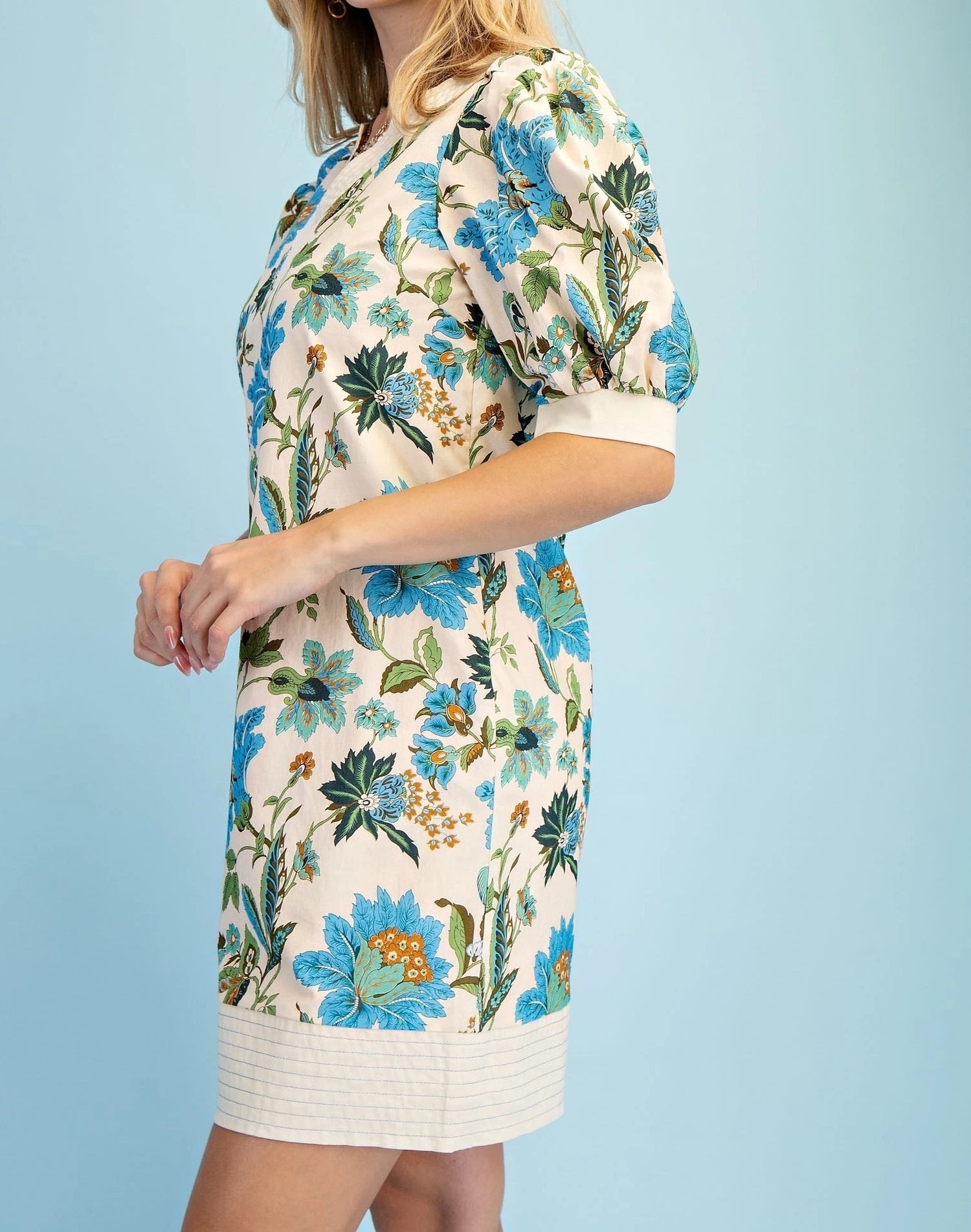 BLUE MIX FLORAL PRINT TRAPUNTO STITCH PUFF SLEEVE MINI DRESS
