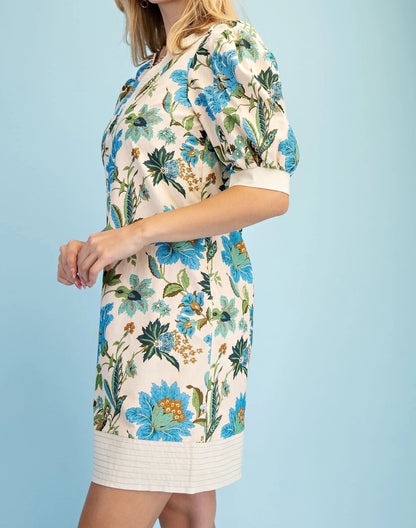 BLUE MIX FLORAL PRINT TRAPUNTO STITCH PUFF SLEEVE MINI DRESS