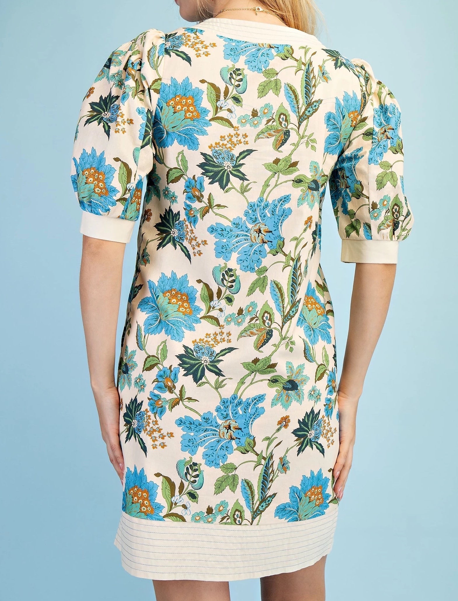 BLUE MIX FLORAL PRINT TRAPUNTO STITCH PUFF SLEEVE MINI DRESS