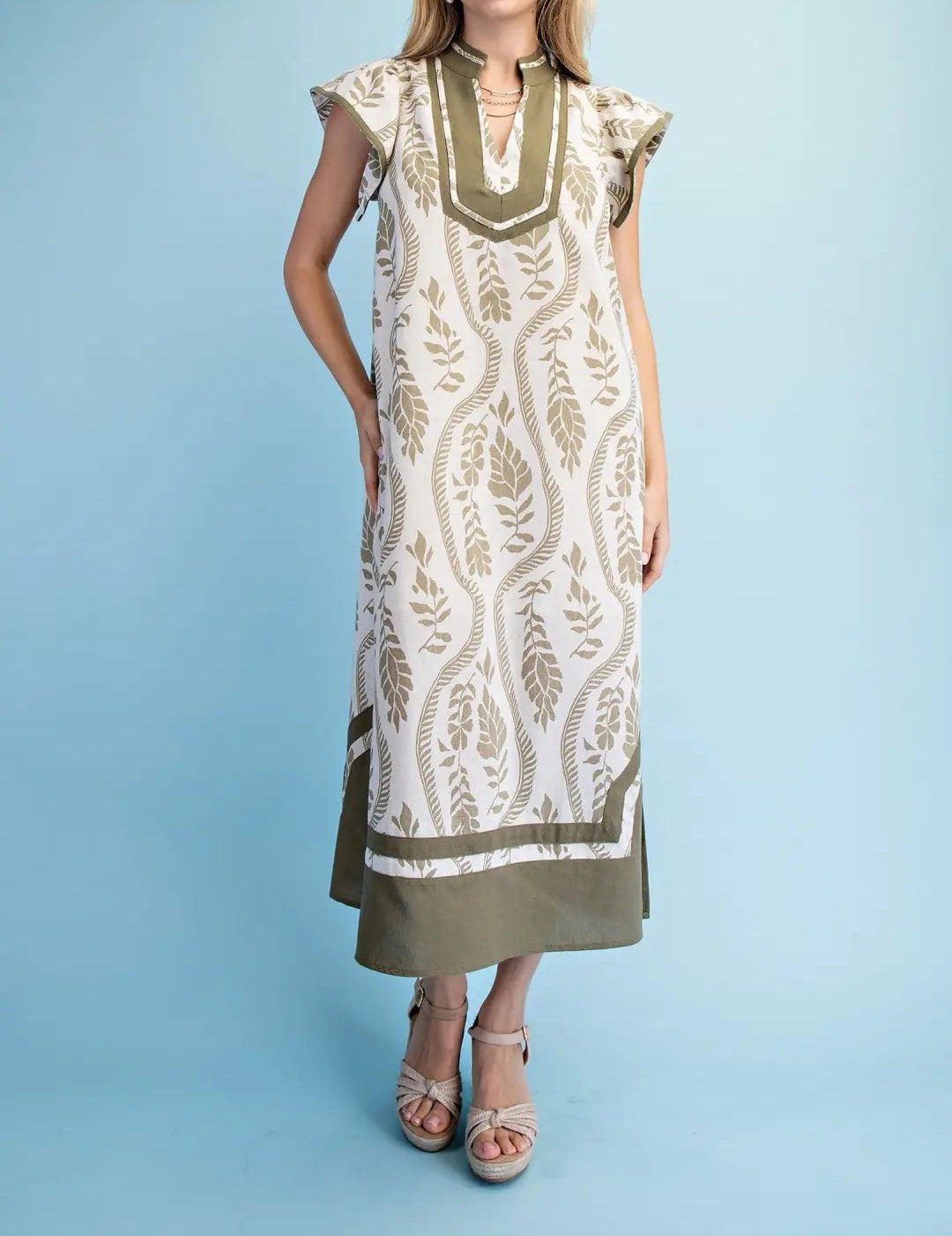 LIGHT OLIVE PRINTED MANDARIN COLLAR CONTRAST BANDING WOVEN LINEN MIDI DRESS