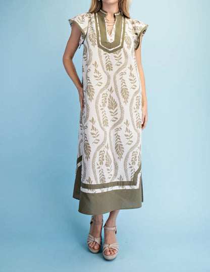LIGHT OLIVE PRINTED MANDARIN COLLAR CONTRAST BANDING WOVEN LINEN MIDI DRESS