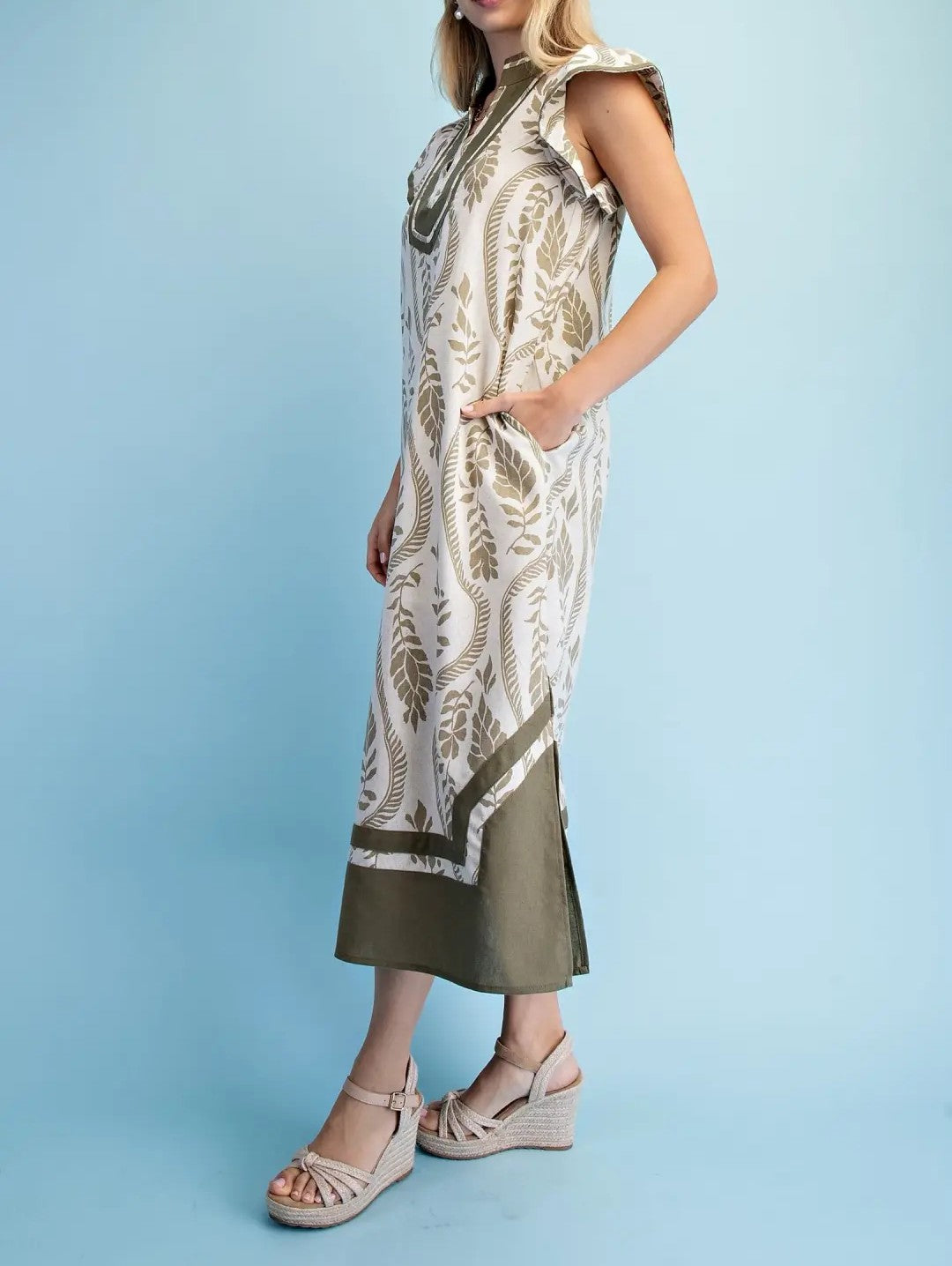 LIGHT OLIVE PRINTED MANDARIN COLLAR CONTRAST BANDING WOVEN LINEN MIDI DRESS