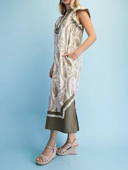 LIGHT OLIVE PRINTED MANDARIN COLLAR CONTRAST BANDING WOVEN LINEN MIDI DRESS