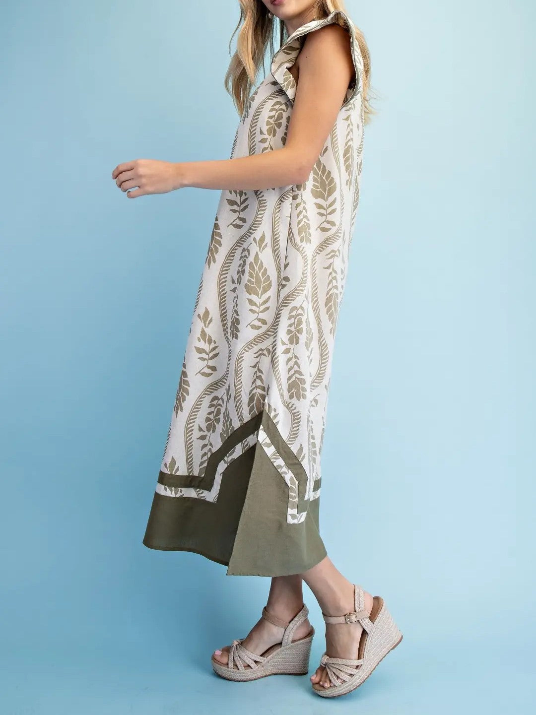 LIGHT OLIVE PRINTED MANDARIN COLLAR CONTRAST BANDING WOVEN LINEN MIDI DRESS