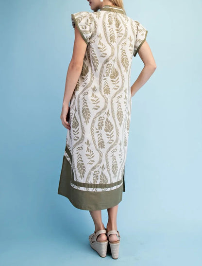 LIGHT OLIVE PRINTED MANDARIN COLLAR CONTRAST BANDING WOVEN LINEN MIDI DRESS