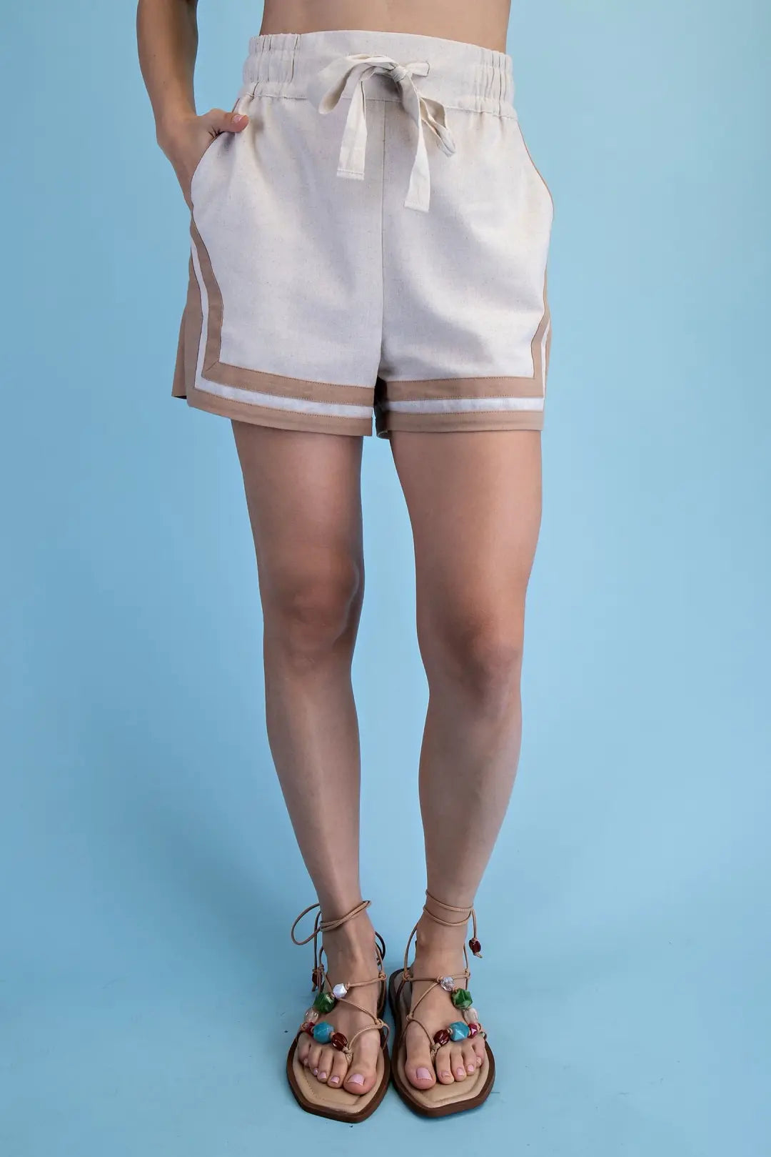 BEIGE &amp; OATMEAL CONTRAST STRIPE WOVEN LINEN TIE-WAIST SHORTS