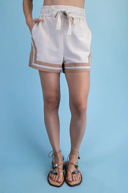 BEIGE &amp; OATMEAL CONTRAST STRIPE WOVEN LINEN TIE-WAIST SHORTS
