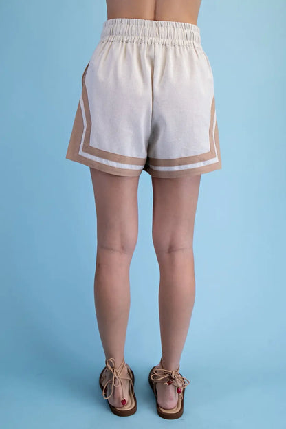 BEIGE &amp; OATMEAL CONTRAST STRIPE WOVEN LINEN TIE-WAIST SHORTS