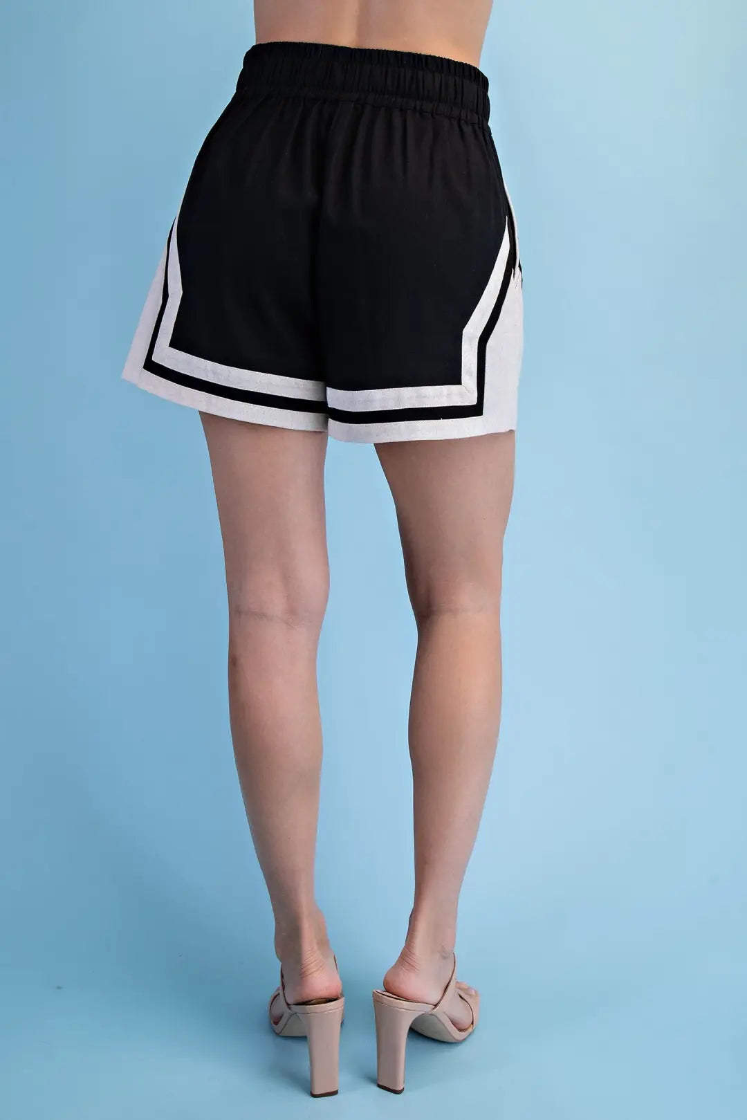 BLACK &amp; BEIGE CONTRAST STRIPE WOVEN LINEN TIE-WAIST SHORTS