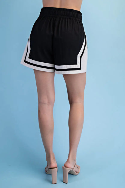 BLACK &amp; BEIGE CONTRAST STRIPE WOVEN LINEN TIE-WAIST SHORTS