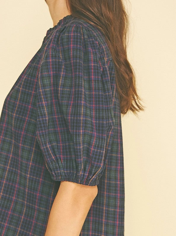 NAVY MULTI PLAID PRINT SHORT PUFF SLEEVE BUTTON UP TOP