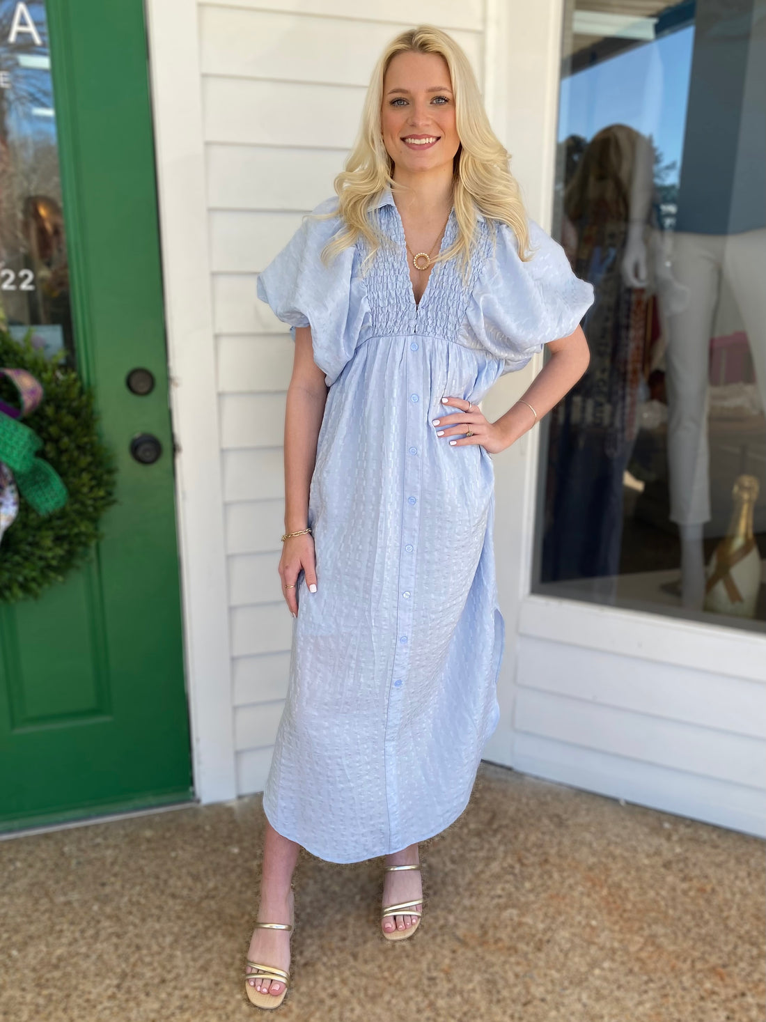 BABY BLUE TEXTURED PUFF SLEEVE MIDI DRESS