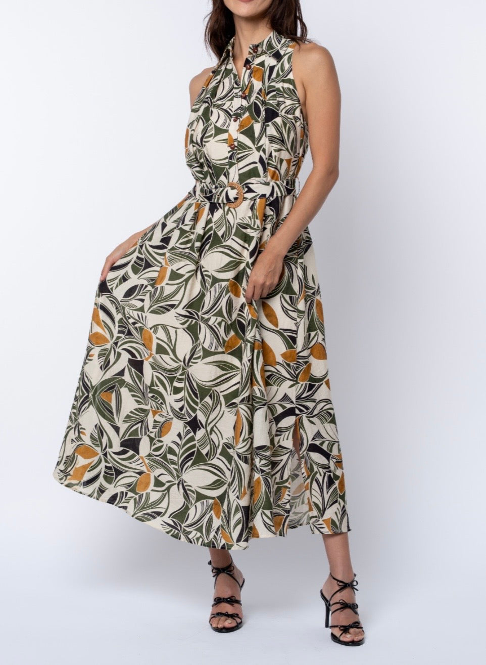 CREAM MULTI ABSTRACT LEAF PRINT HALTER SHIRT HATTIE MAXI DRESS