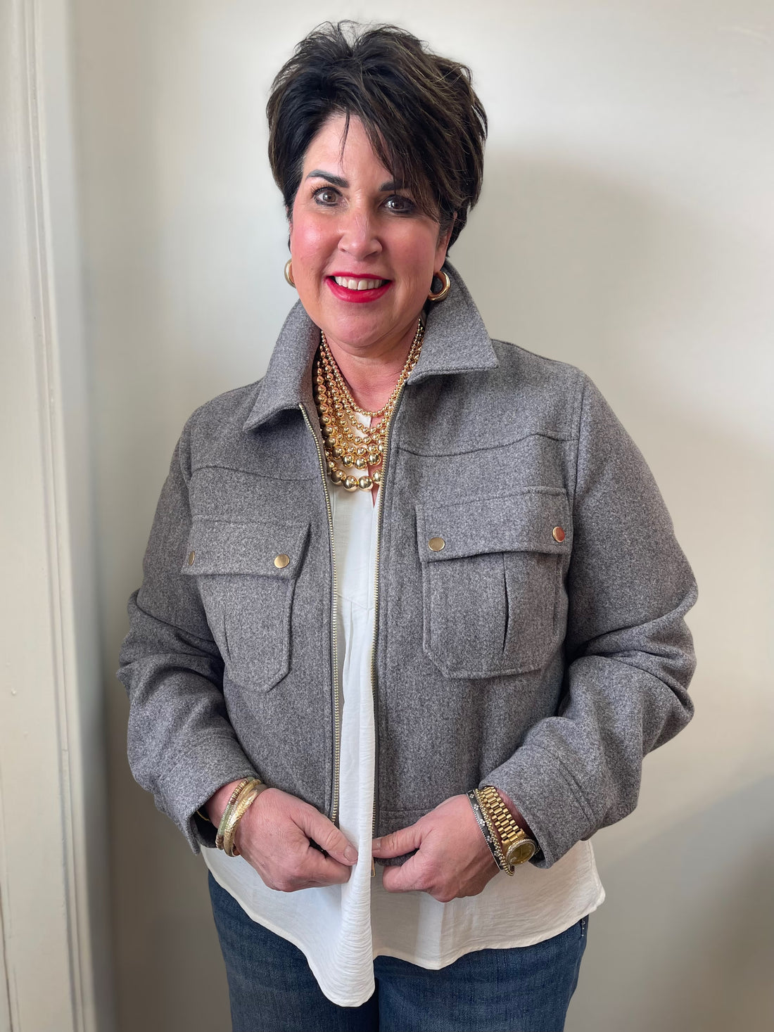 CHARCOAL GREY COLLLARED NECK LONG SLEEVE ZIP UP JACKET