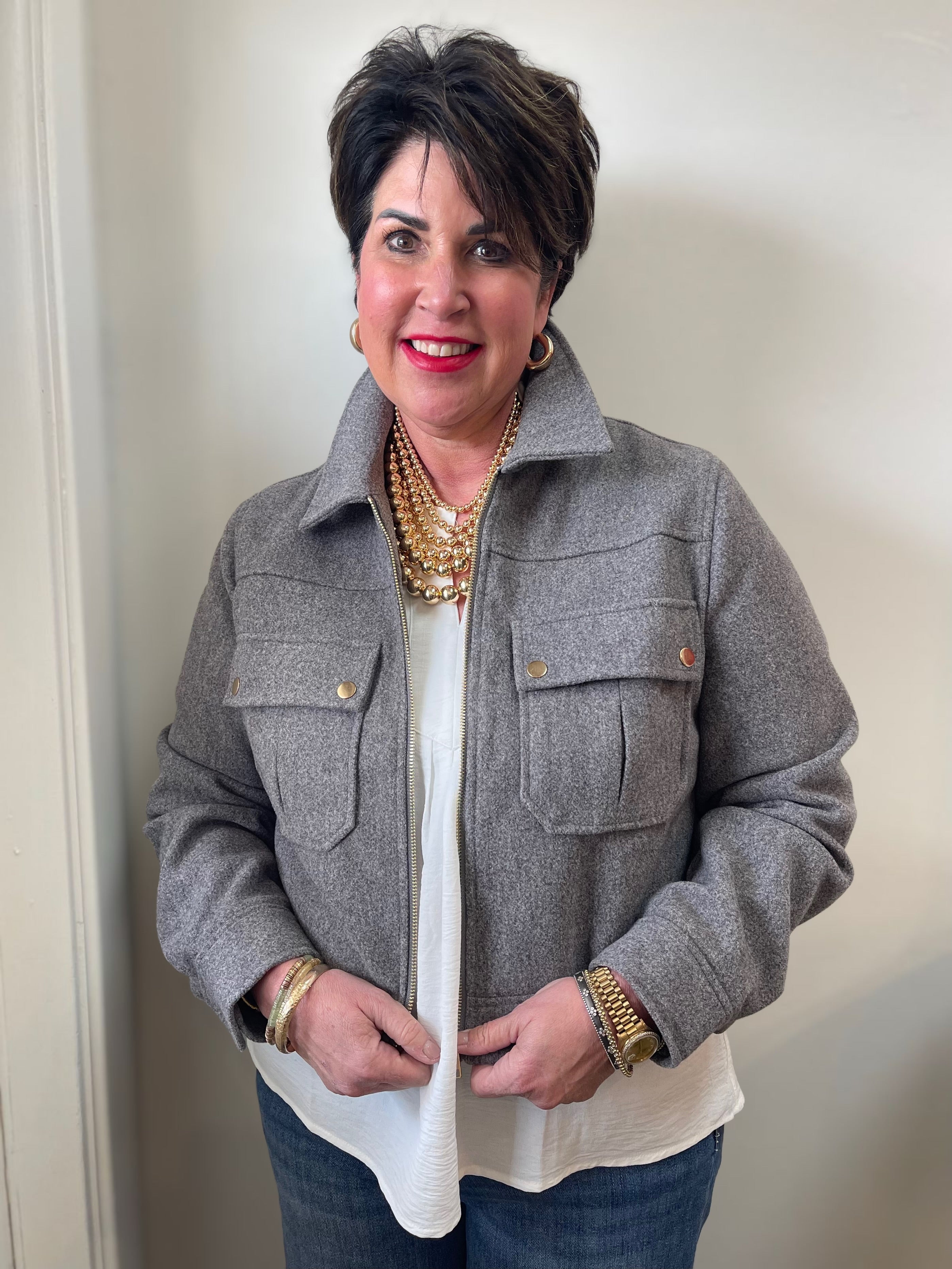 CHARCOAL GREY COLLLARED NECK LONG SLEEVE ZIP UP JACKET
