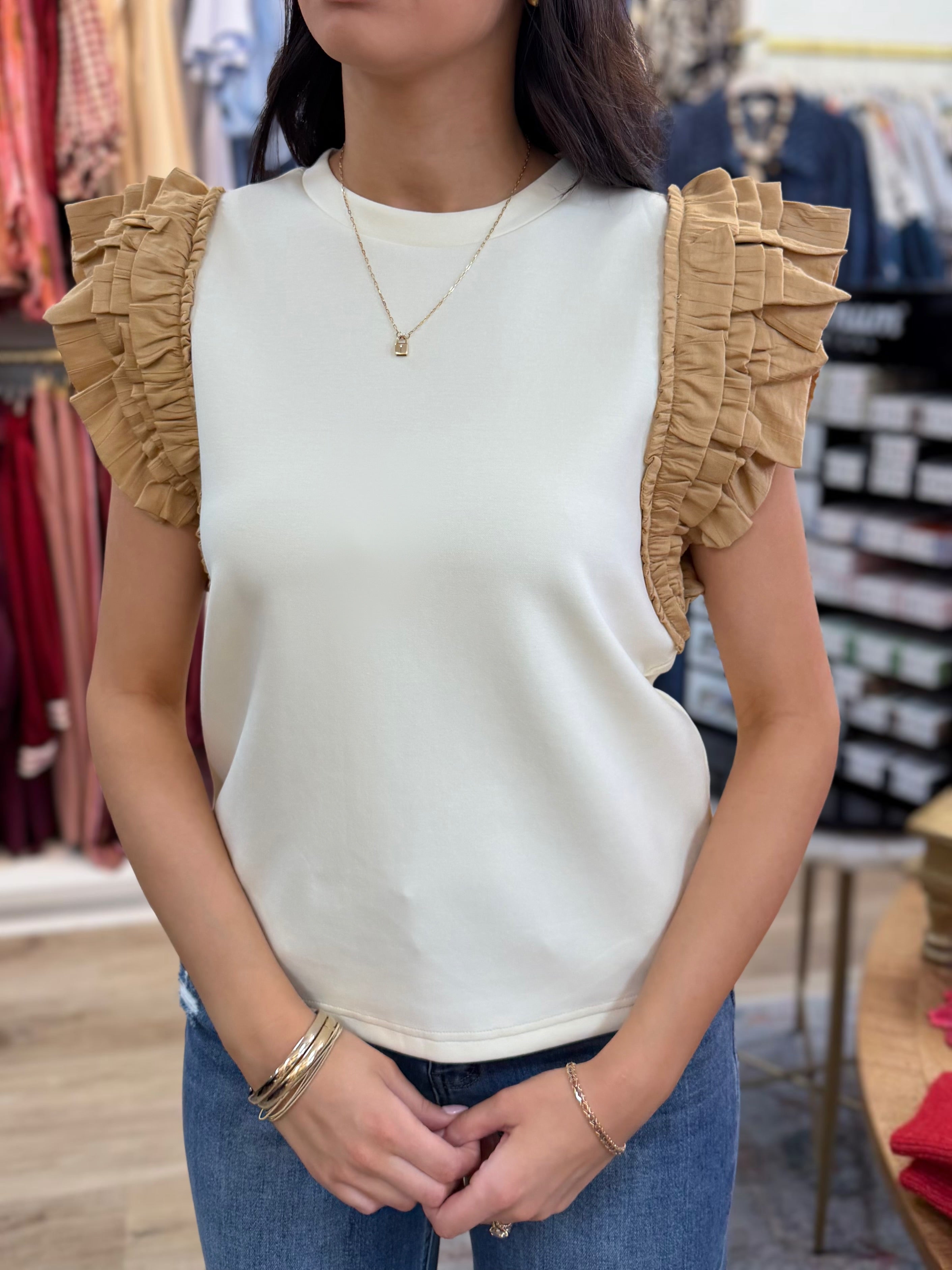 CREAM/BROWN RUFFLE FRILL MIXED MEDIA KNIT TEE TOP