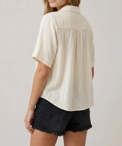 COTTON WHITE COLLARED FRONT BUBBLE SHORT SLEEVE TOP