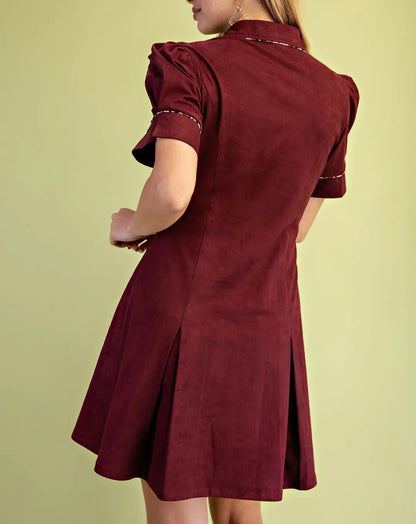 PLUM SUEDE LEOPARD PIPING PLEAT DETAIL SHORT PUFF SLEEVE MINI DRESS